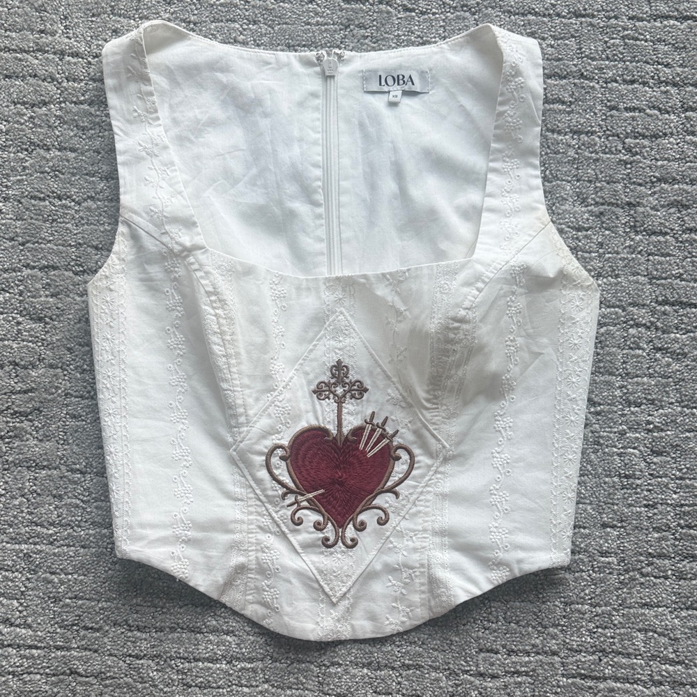 REVOLVE White Embroidered Corset Crop Top with Red Heart